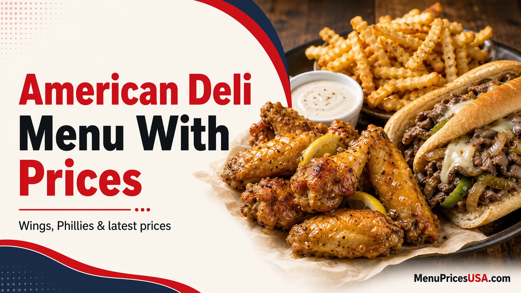 American Deli menu with prices featuring Lemon Pepper Wet wings, a Philly and fries