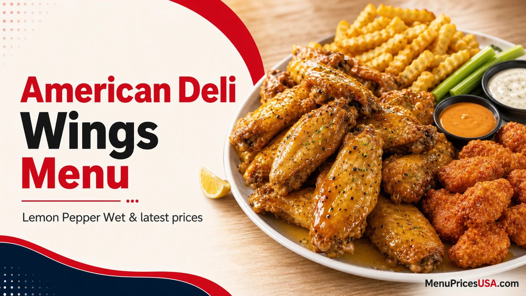 American Deli wings menu featuring Lemon Pepper Wet and boneless wings with fries