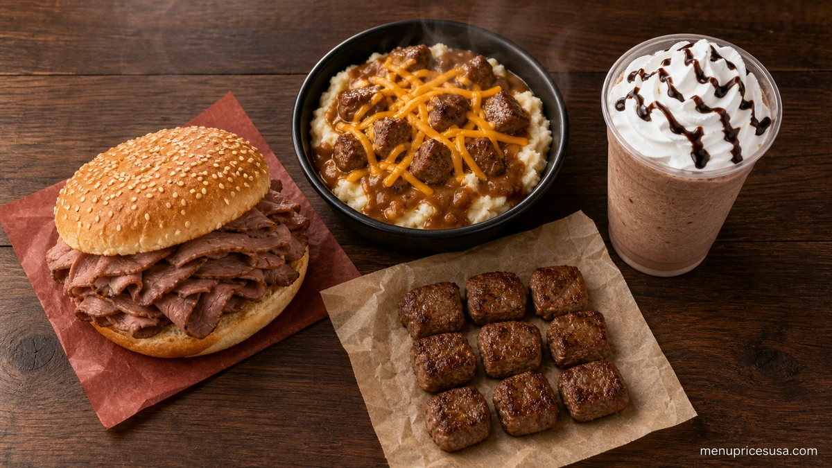 Arby's brand guide featuring a Classic Roast Beef sandwich, Steak Nuggets bowl, curly fries and a Jamocha Shake