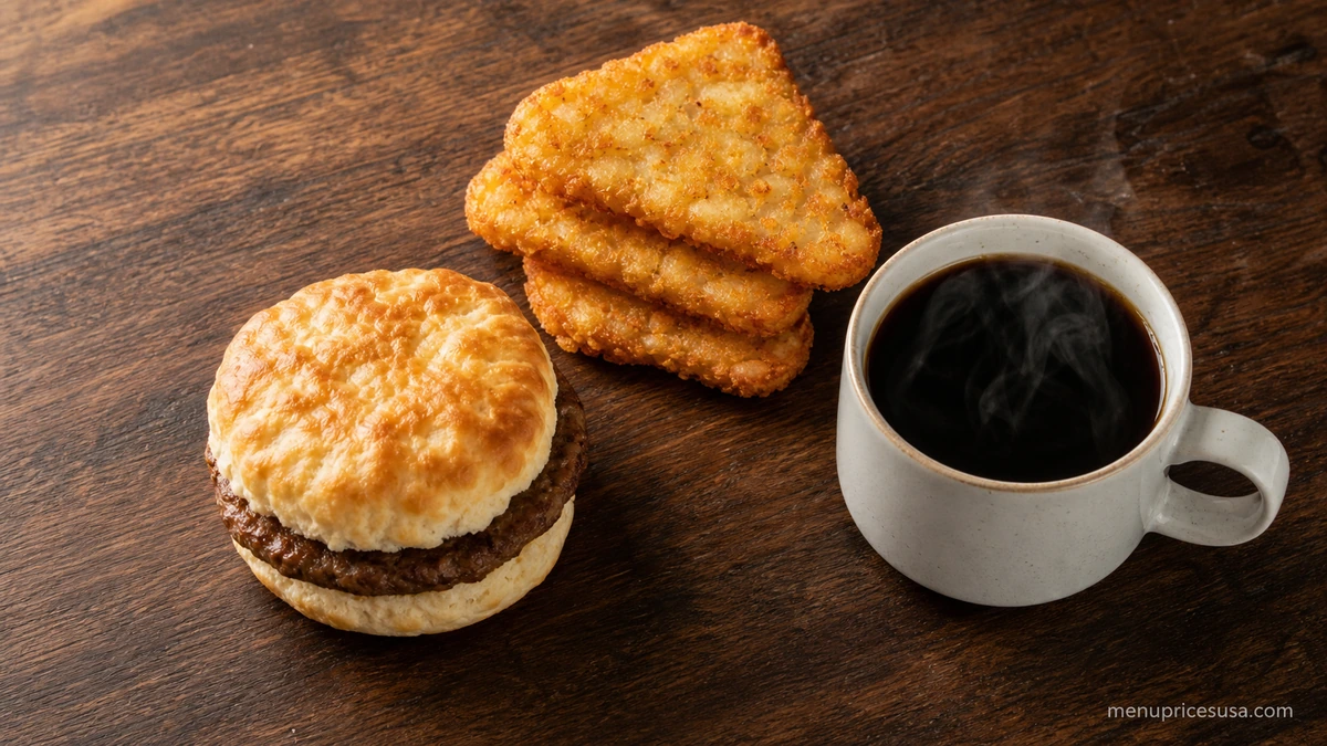 Arby's Breakfast menu 2026 with a sausage biscuit, potato cakes and coffee
