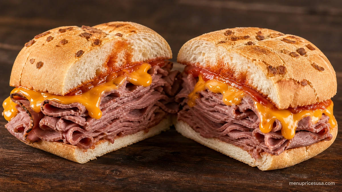 Arby's Half Pound Beef 'n Cheddar sandwich sliced in half showing the roast beef and cheddar sauce