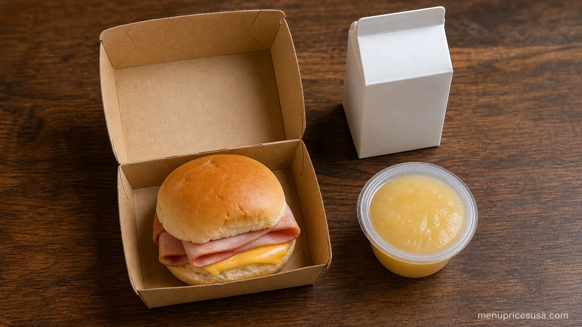 Arby's Kids Menu 2026 with a Ham Slider Kids Meal, applesauce cup and small milk carton