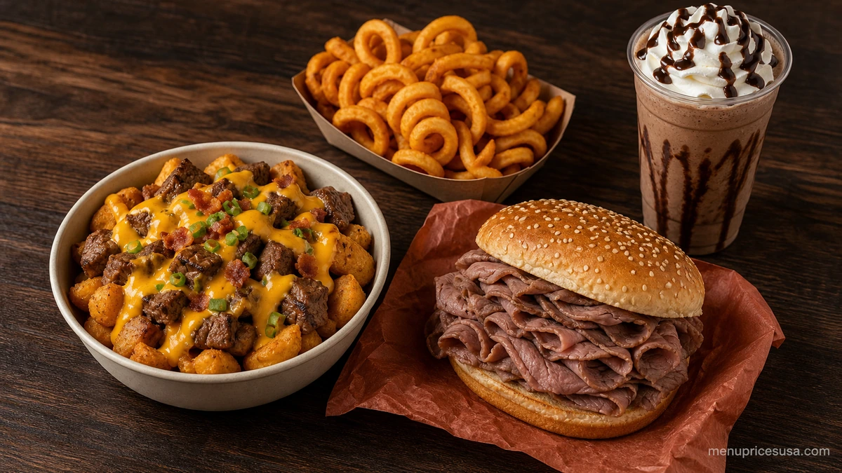 Arby's menu prices 2026 with a Steak Nuggets bowl, roast beef sandwich and curly fries