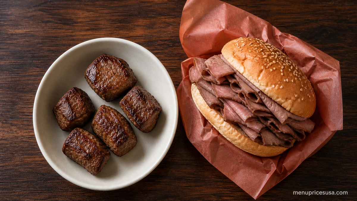 Arby's Nutrition menu 2026 with a Steak Nuggets 5PC bowl and a Classic Roast Beef sandwich