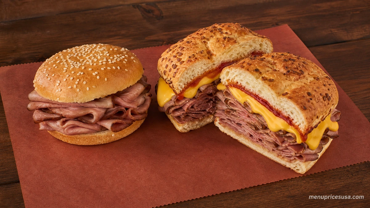 Arby's Roast Beef menu 2026 with a Classic Roast Beef sandwich and a Half Pound Beef 'n Cheddar