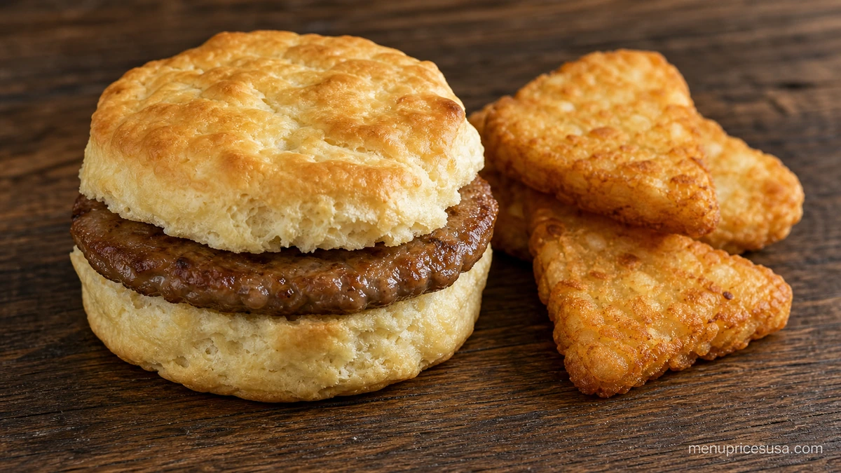 Arby's Sausage Biscuit and Potato Cakes from the Arby's Breakfast menu