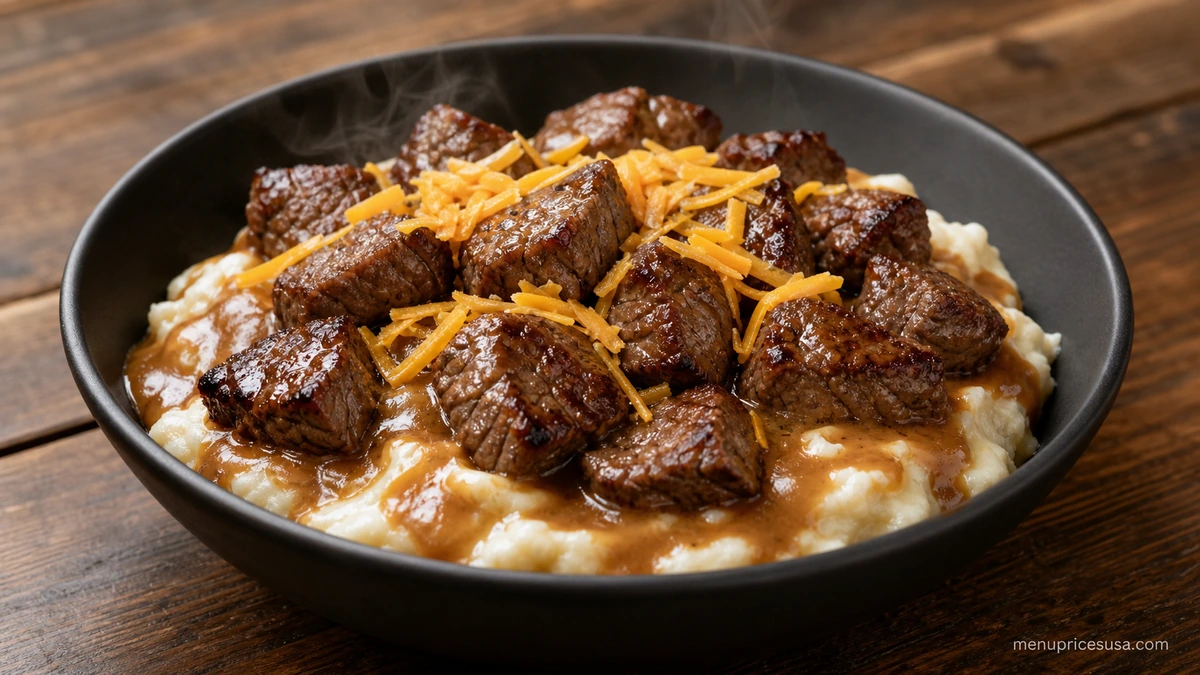 Arby's Steak 'n Potato Bowl with seared steak nugget pieces over mashed potatoes and gravy