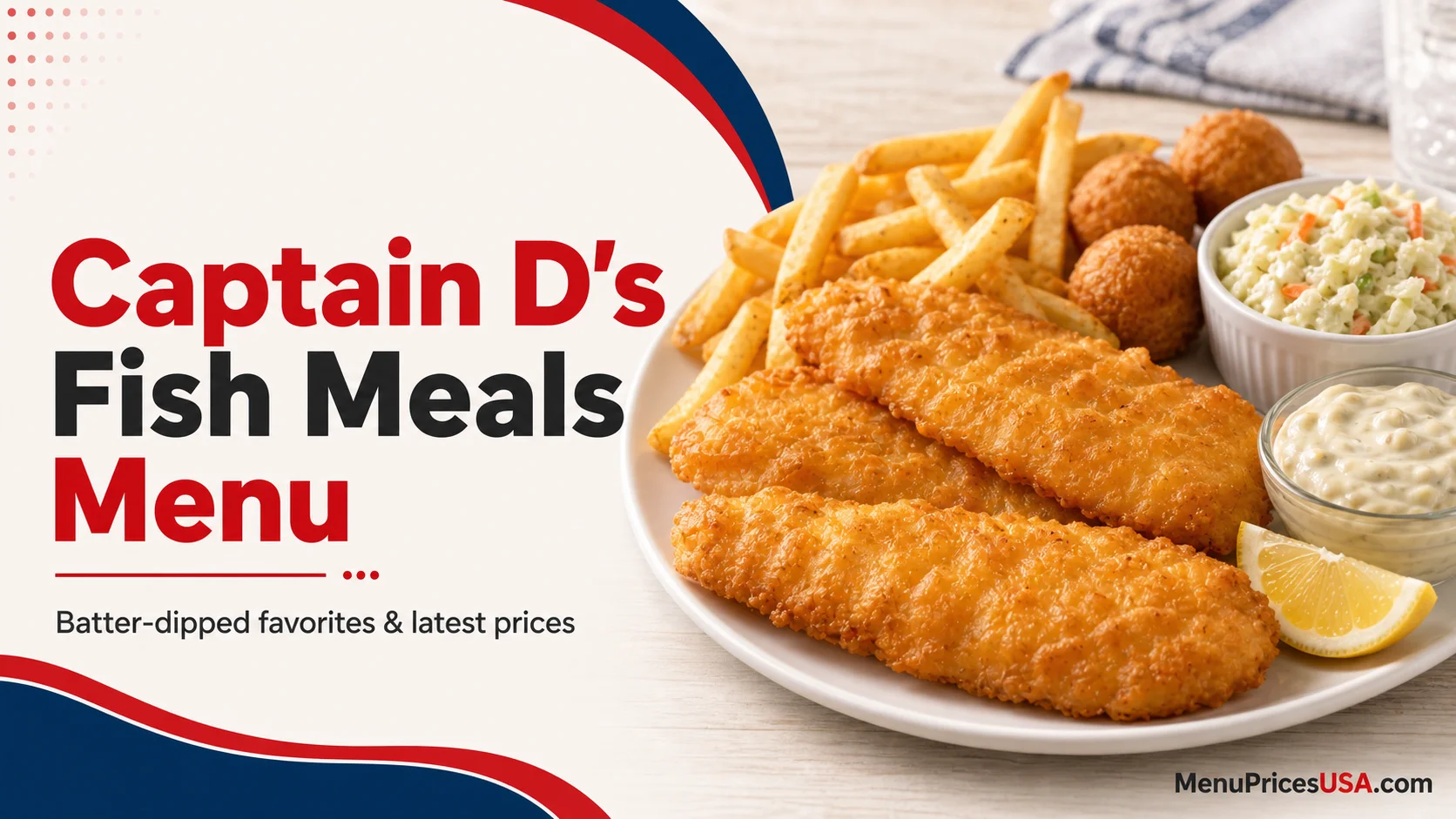 Captain D's fish menu showing batter-dipped fish meals, fries, hush puppies and sides