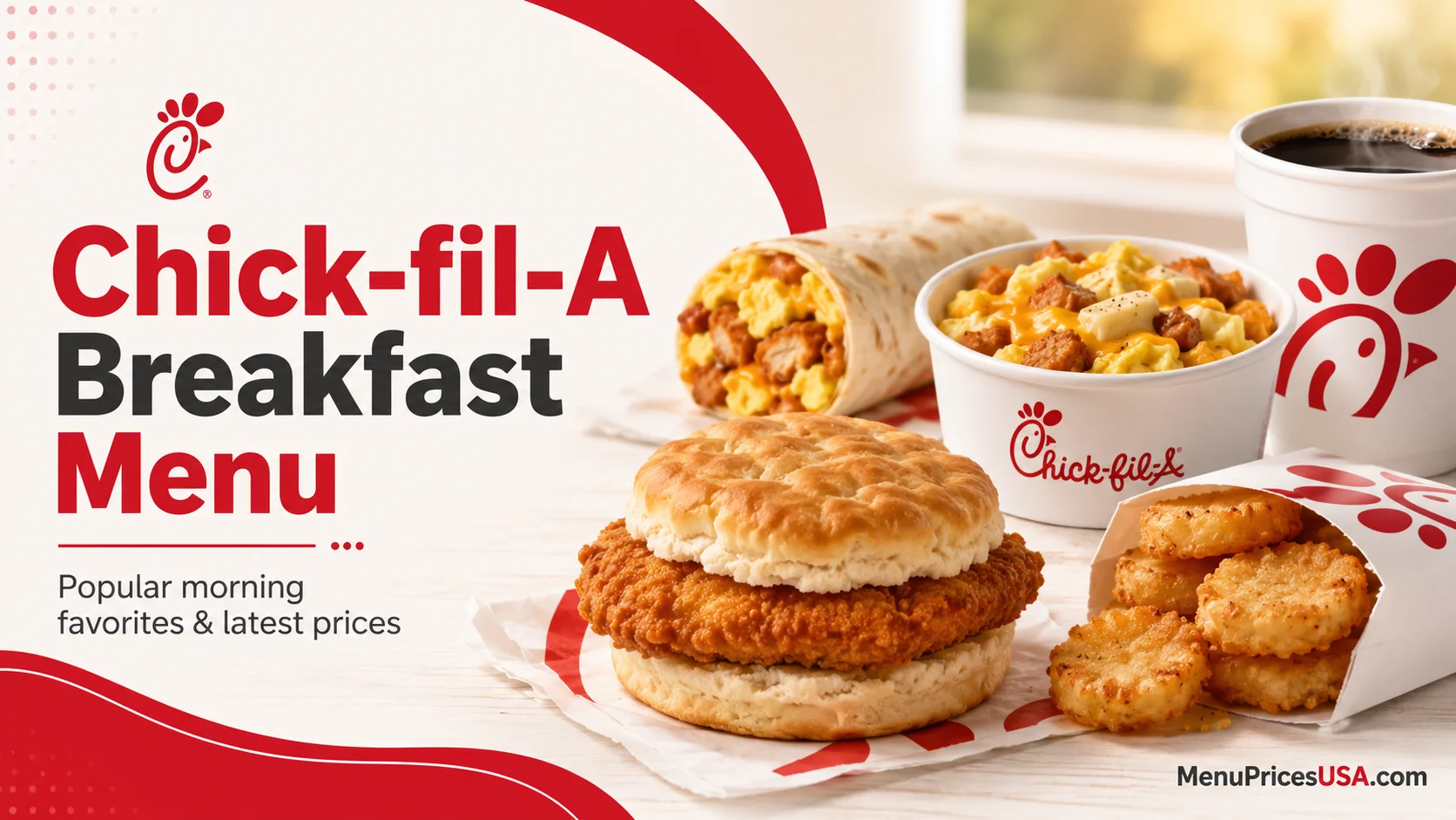 Chick-fil-A breakfast menu with chicken biscuit, breakfast burrito, hash browns and coffee
