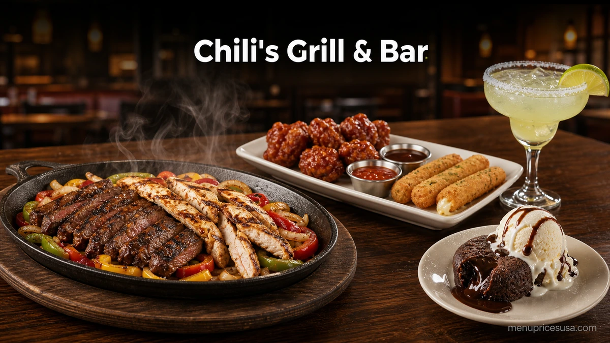Chili's brand guide featuring the Triple Dipper sampler, fajitas, margaritas and Molten Chocolate Cake