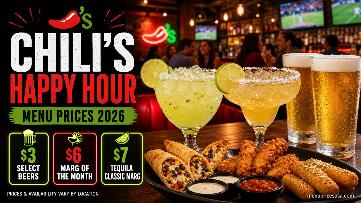 Chili's Happy Hour menu prices 2026 with a margarita and appetizers on the bar