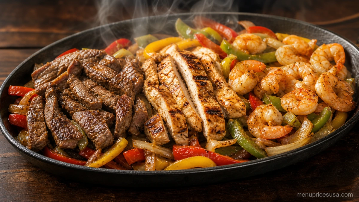 A sizzling Chili's Original Trio fajita platter with steak, chicken and shrimp, part of these Chili's Fajitas Menu Prices