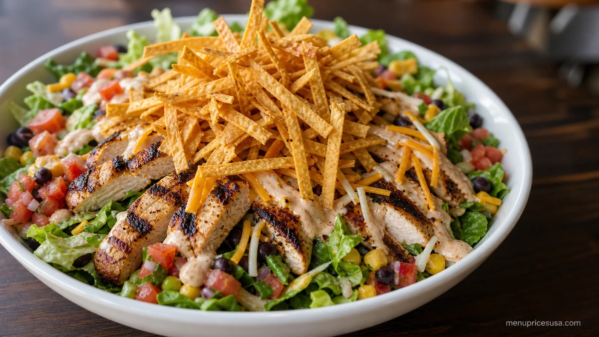 A Chili's Quesadilla Explosion Salad topped with crispy tortilla strips, part of these Chili's Salads Menu Prices