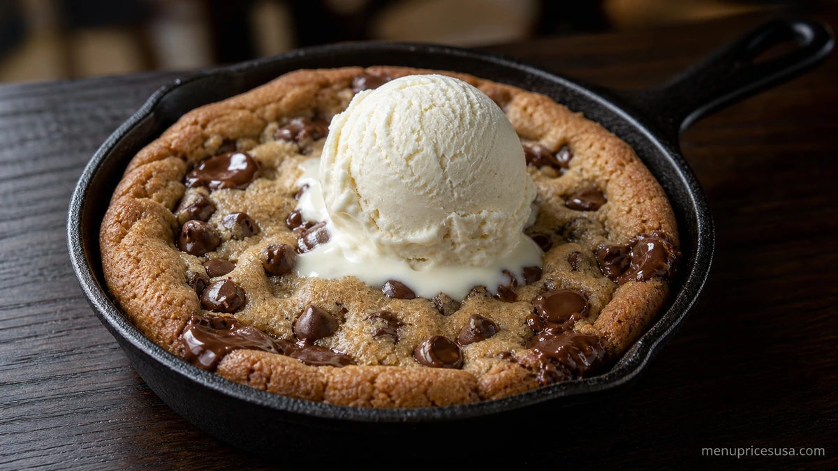 A warm Skillet Chocolate Chip Cookie topped with ice cream, part of these Chili's Desserts Menu Prices