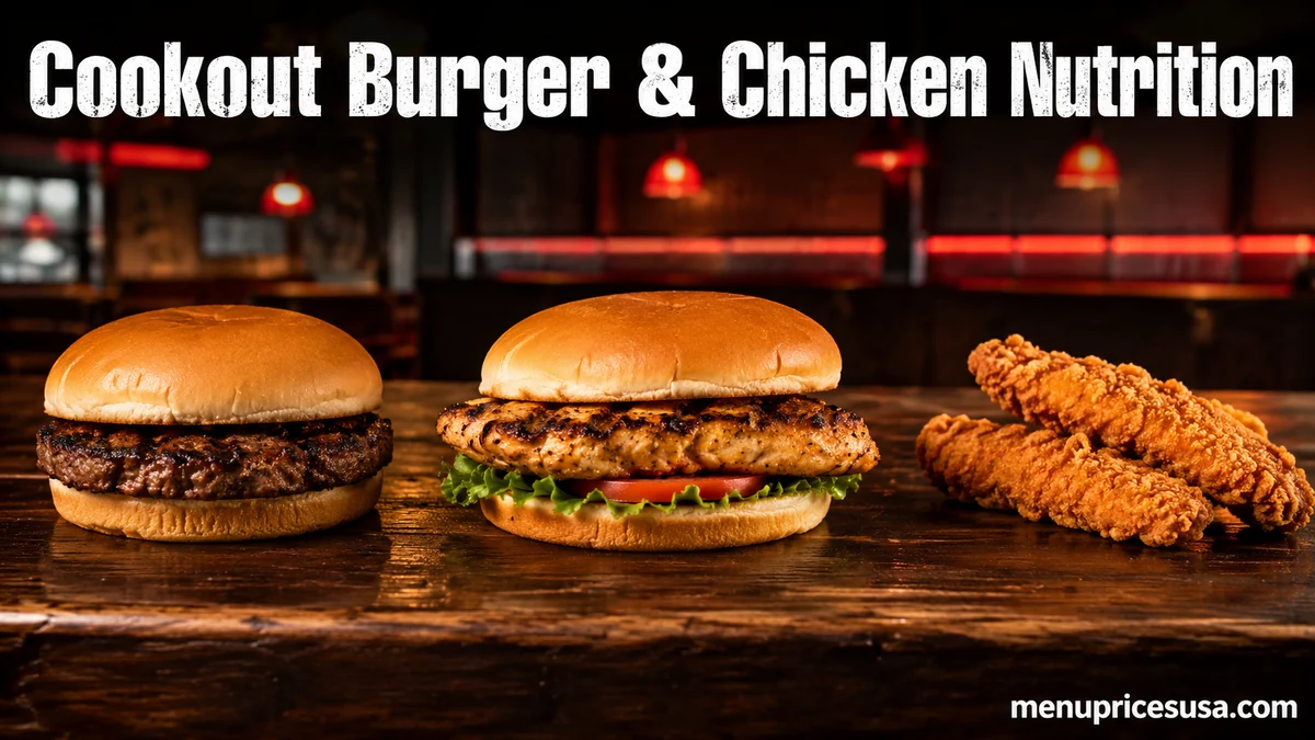 Illustrative selection of a burger, grilled chicken sandwich, fries and vanilla milkshake