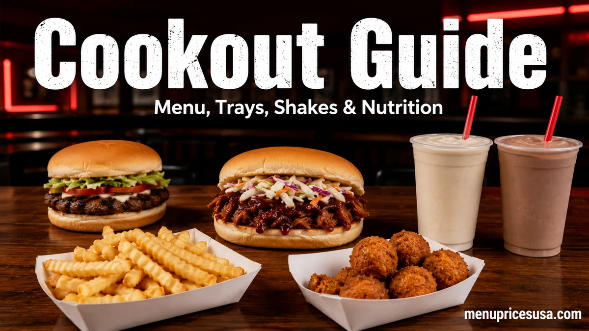 Illustrative Cook Out menu selection with a burger, barbecue sandwich, fries, hushpuppies and shakes