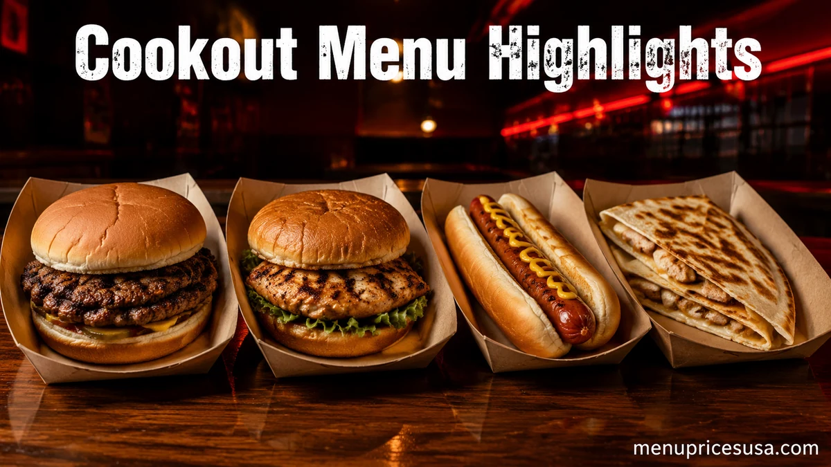Illustrative selection of a char-grilled burger, chicken sandwich, hot dog and quesadilla