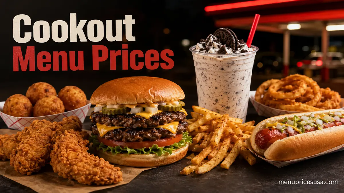 Cookout Menu Prices 2026 with a burger tray, fries, hushpuppies, chicken and a milkshake