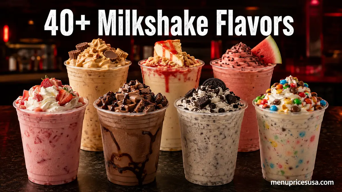 Illustrative selection of fruit, chocolate, cookie and cheesecake milkshake flavors