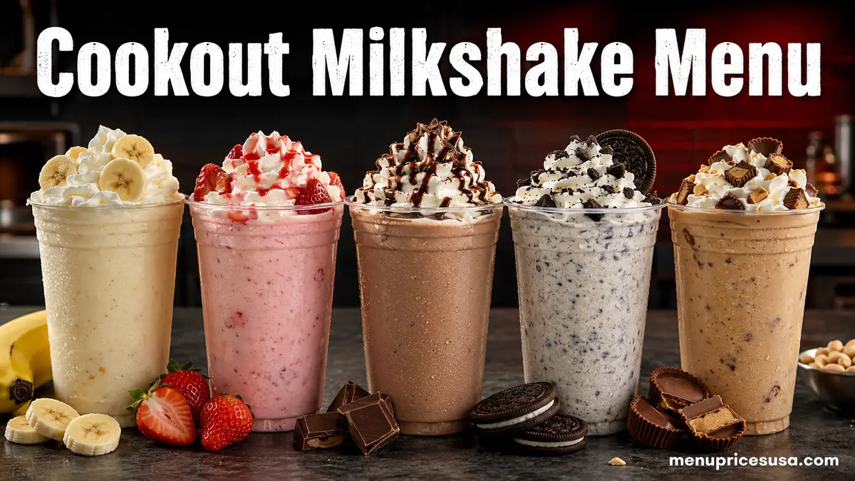Illustration of banana, chocolate, strawberry, cookie and peanut butter milkshakes