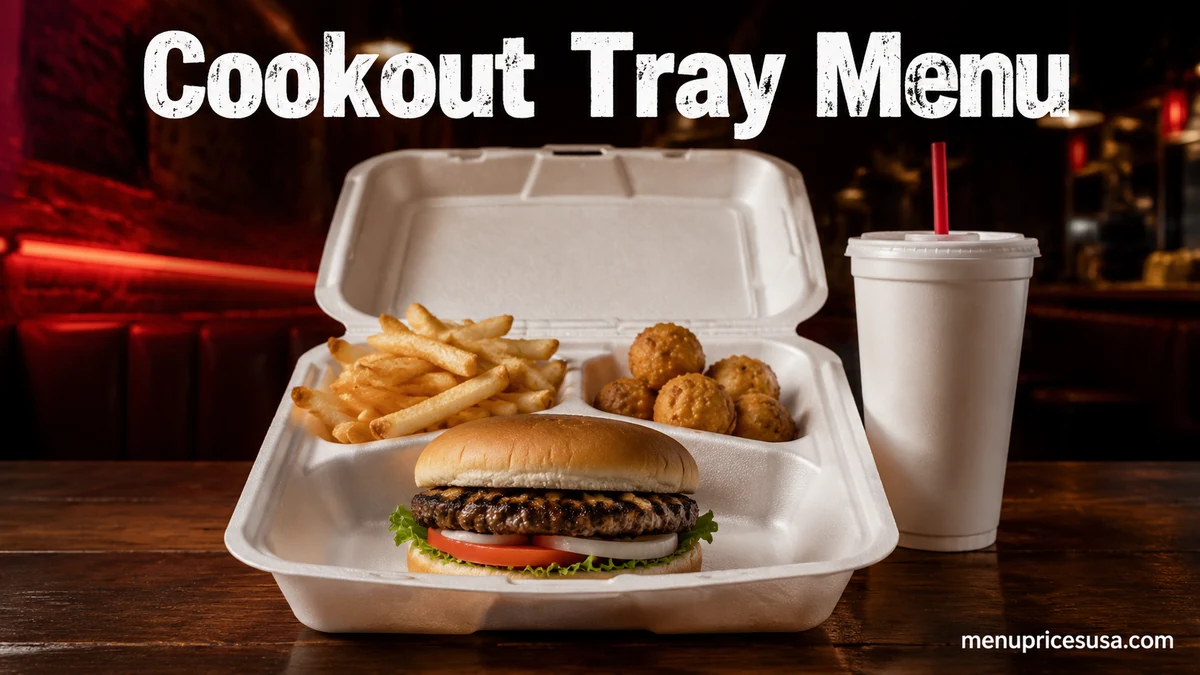 Illustrative burger Tray with fries, hushpuppies and a fountain drink