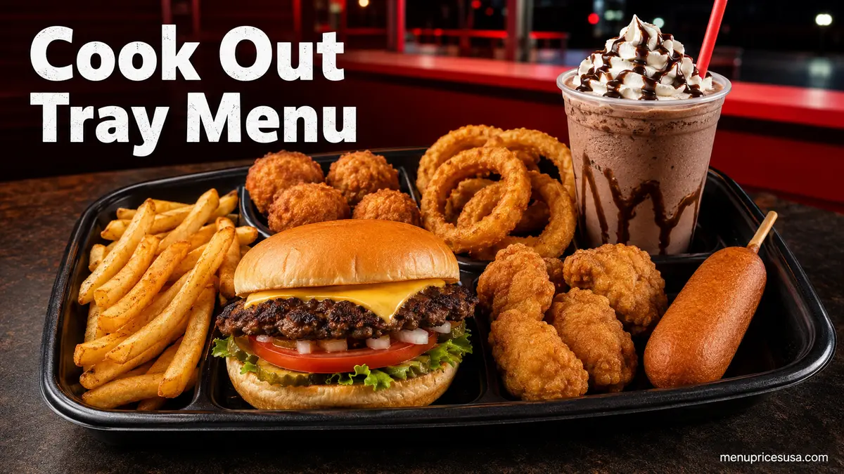 Cook Out Tray with a char-grilled burger, fries, hushpuppies, onion rings and a milkshake