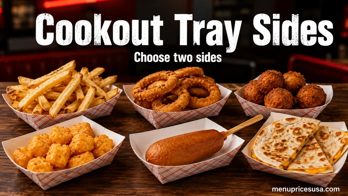 Illustrative selection of fries, onion rings, hushpuppies, cheese bites, a corn dog and quesadilla portions