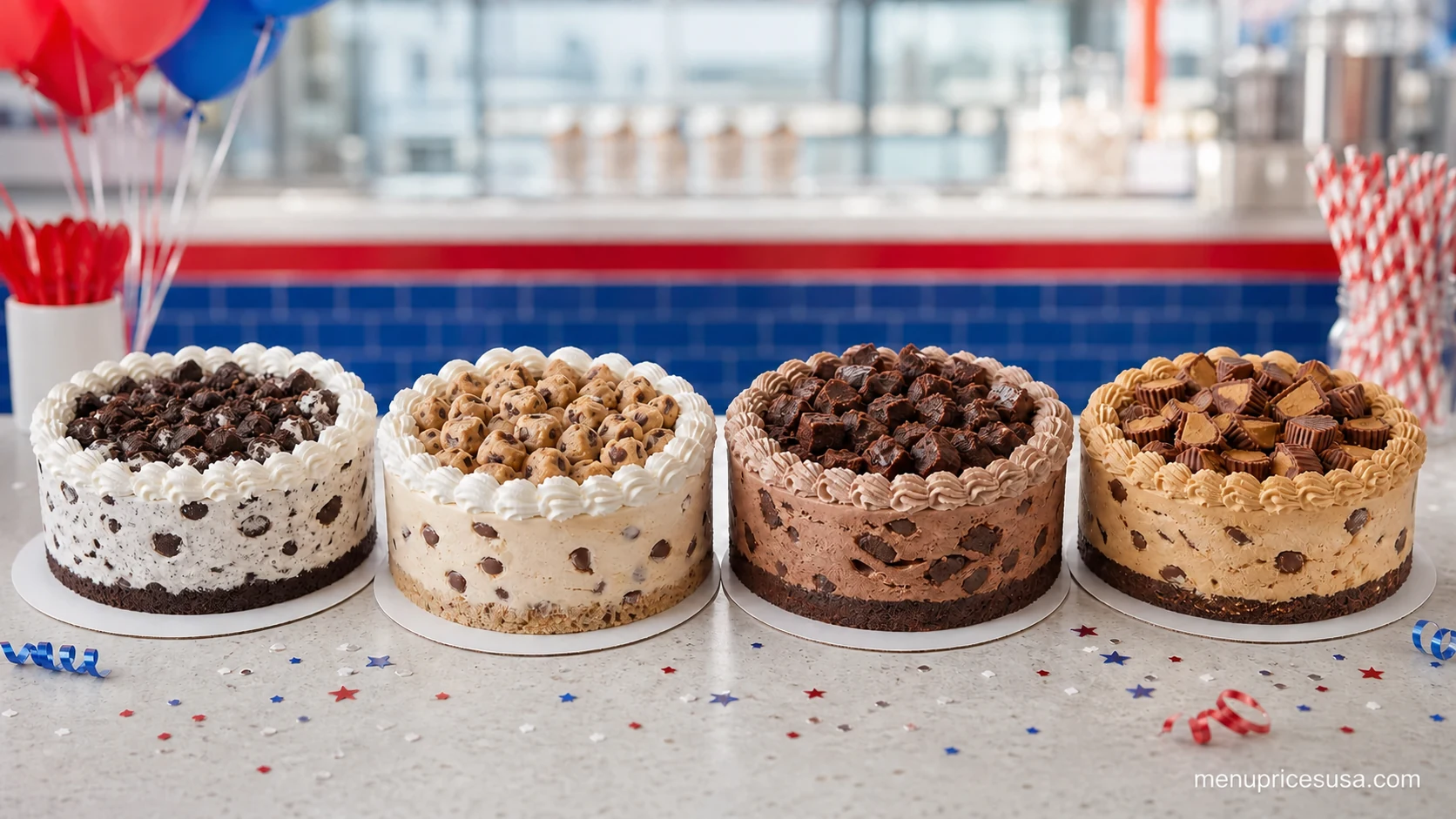 Four frozen Blizzard-style cakes inspired by OREO, cookie dough, chocolate brownie and peanut butter cup flavors