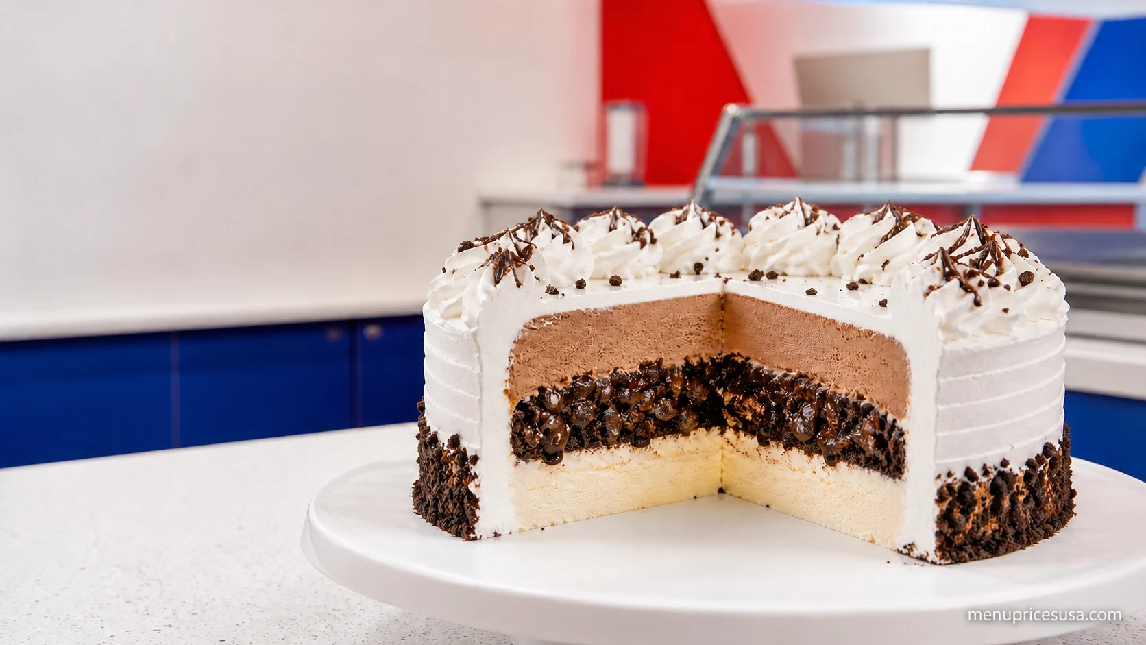 Classic Dairy Queen-style frozen cake with chocolate and vanilla soft serve layers and a fudge crunch center
