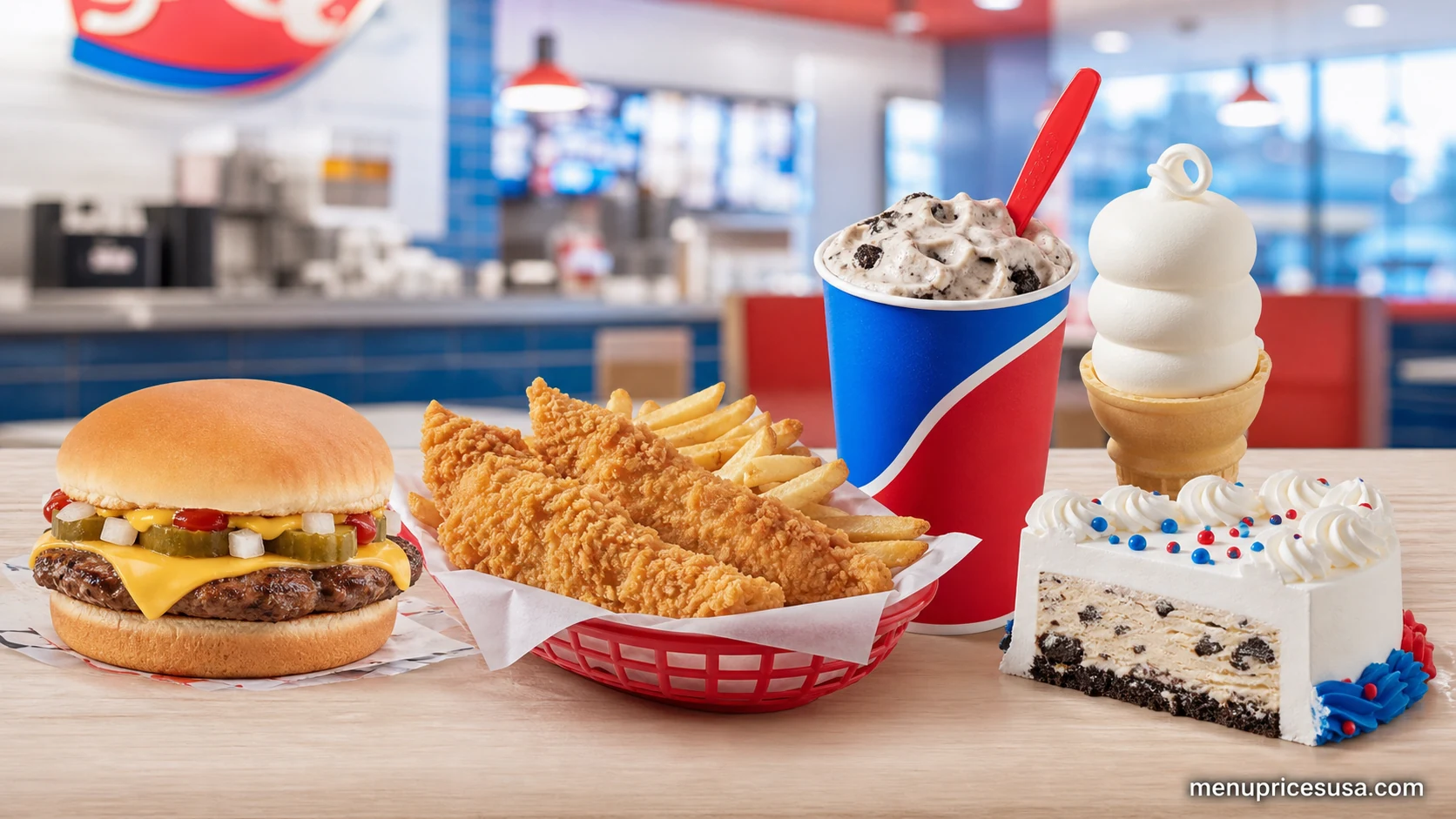 Dairy Queen guide featuring a cheeseburger, chicken strips, fries, Blizzard-style treat, soft-serve cone and frozen cake