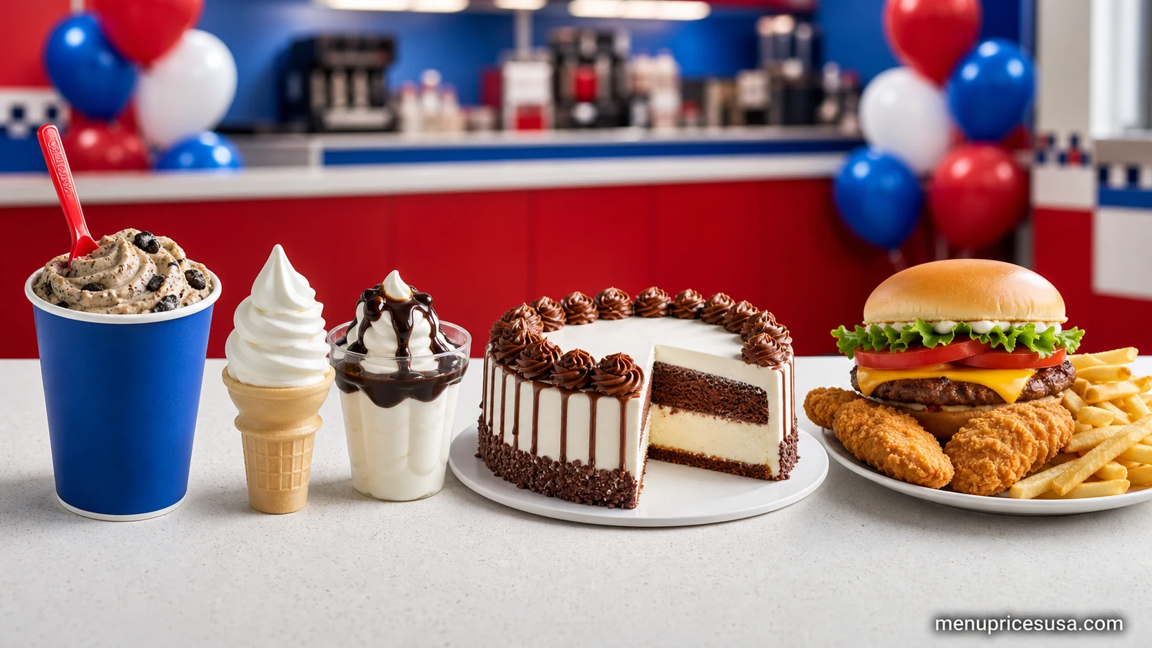 Dairy Queen menu guide categories with a Blizzard-style treat, cone, sundae, frozen cake, cheeseburger, chicken strips and fries