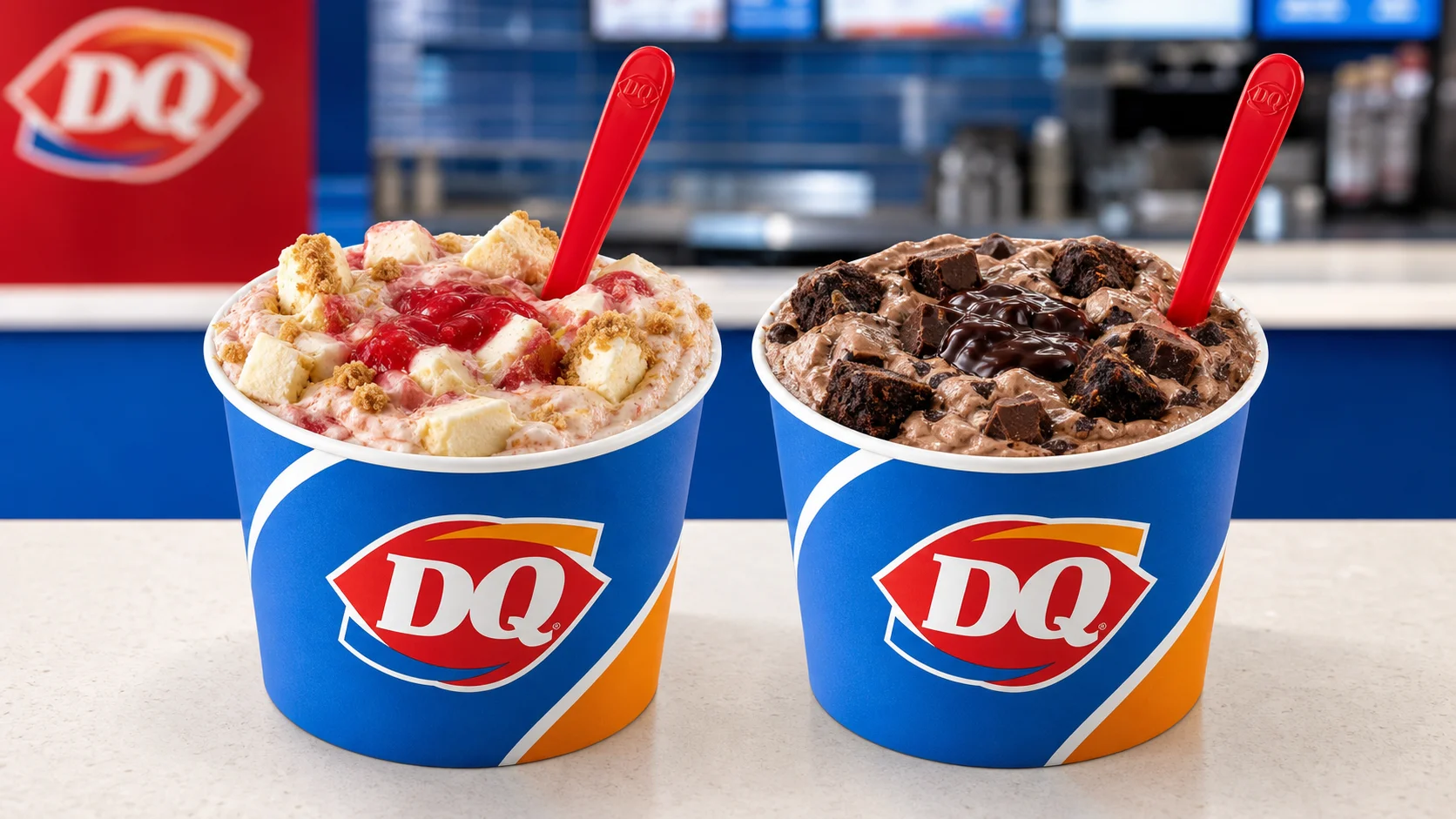 DQ-branded Royal-style Blizzard Treats with cheesecake, strawberry, brownie and chocolate mix-ins