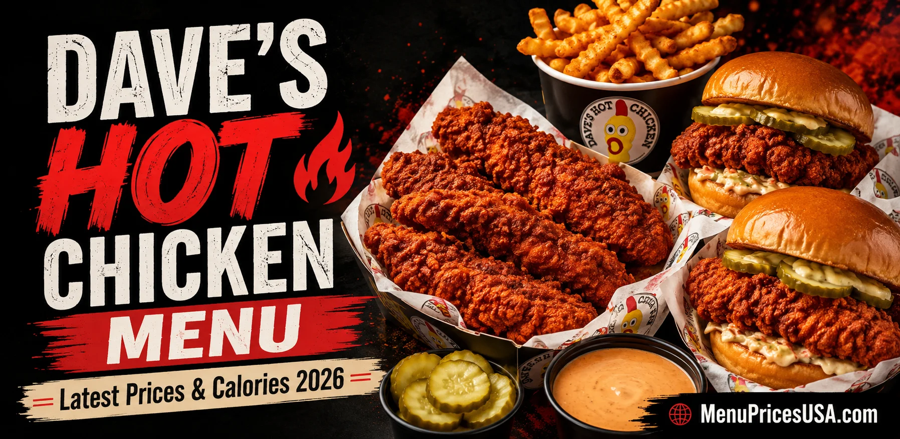 Dave's Hot Chicken menu with hot chicken tenders, sliders, fries and sauce