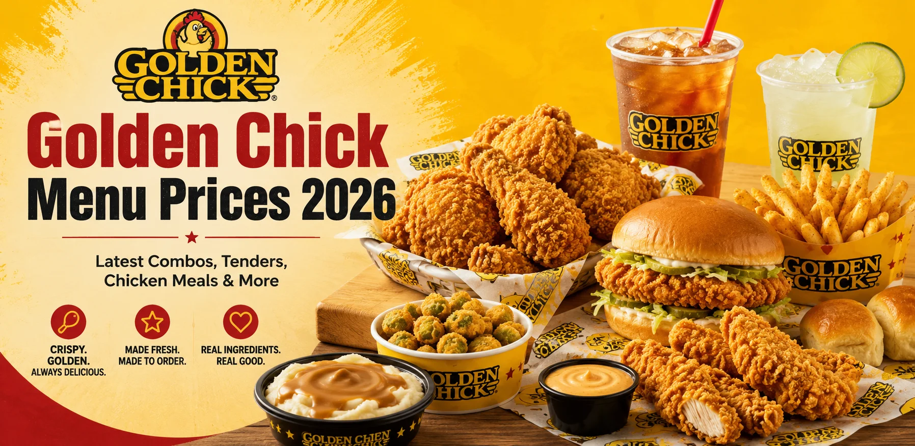 Golden Chick menu with Golden Tenders, fried chicken, Wicked Wings, fries and sides