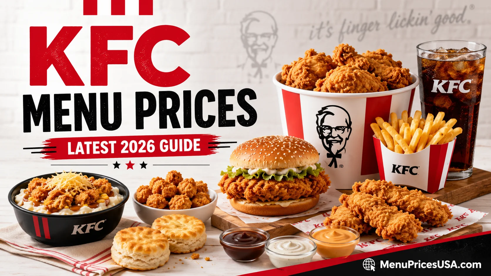 KFC menu with fried chicken bucket, tenders and sides