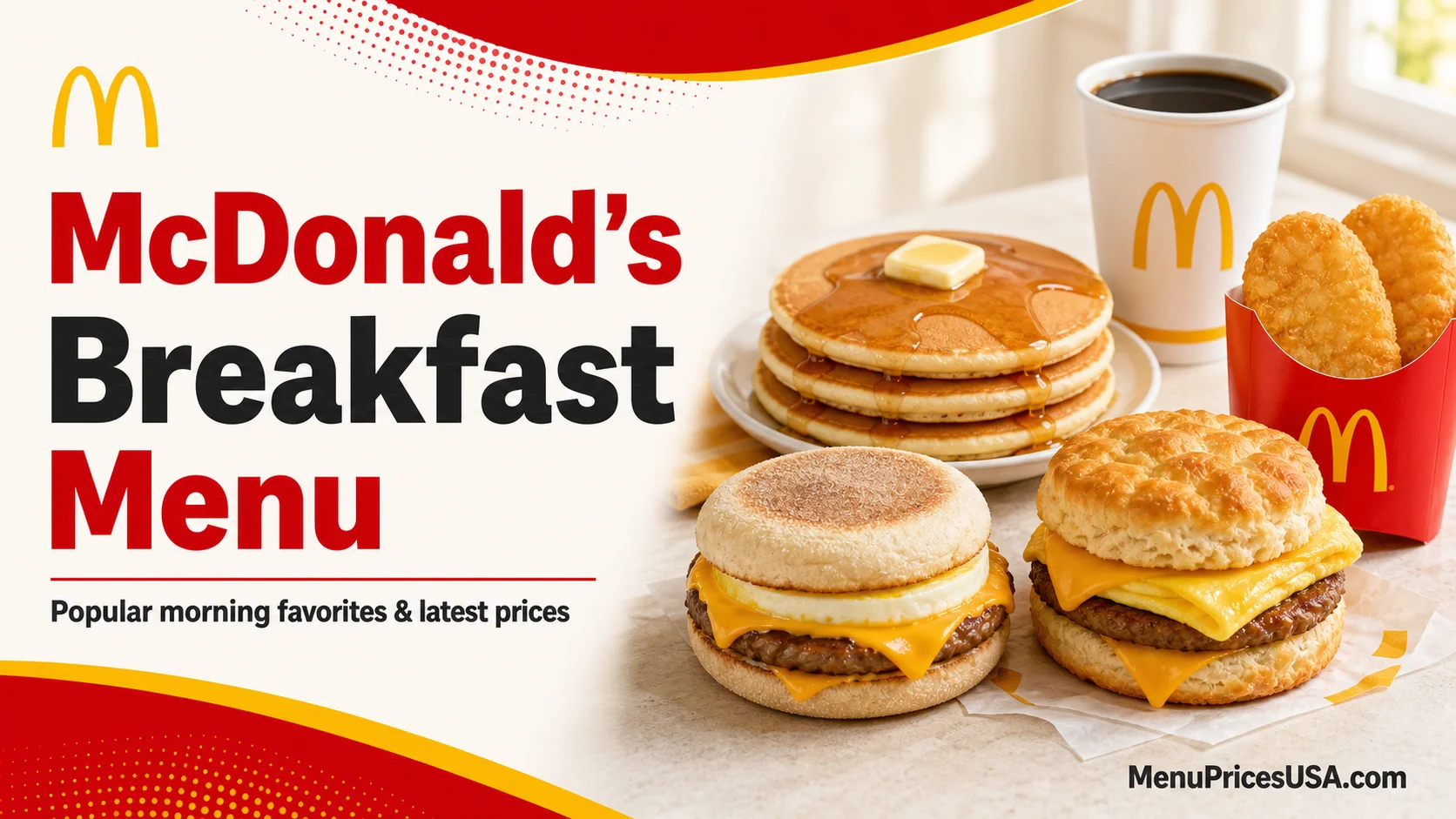 McDonald's breakfast menu with prices featuring breakfast sandwiches, hotcakes, hash browns and coffee
