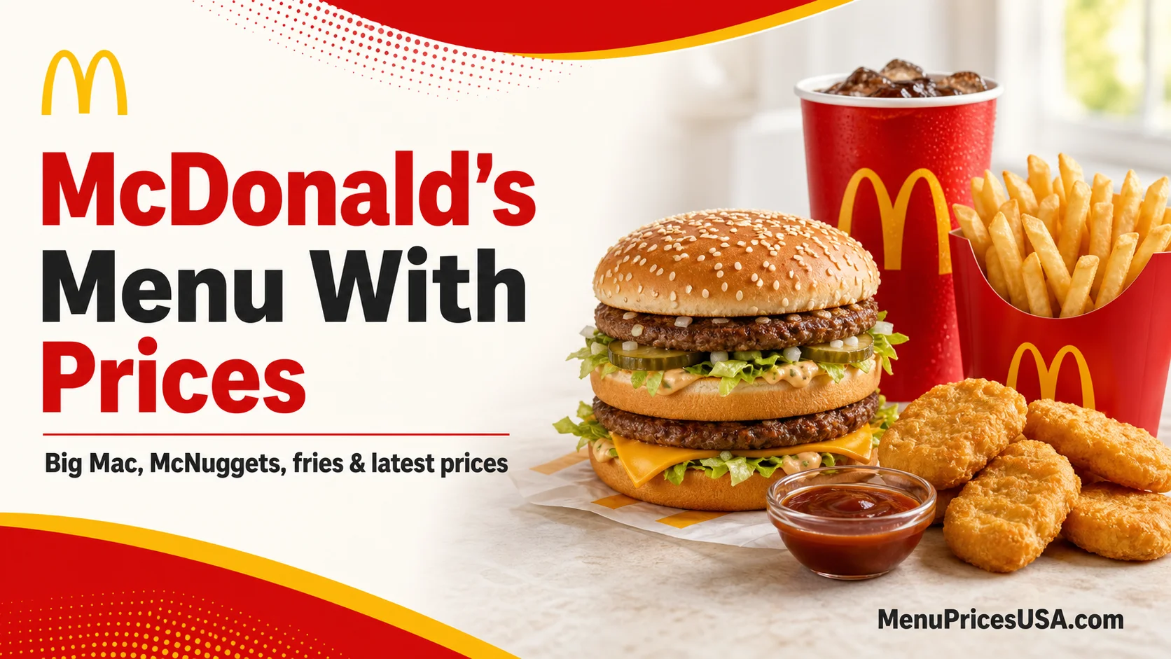 McDonald's menu with prices featuring a Big Mac, fries, Chicken McNuggets and a drink