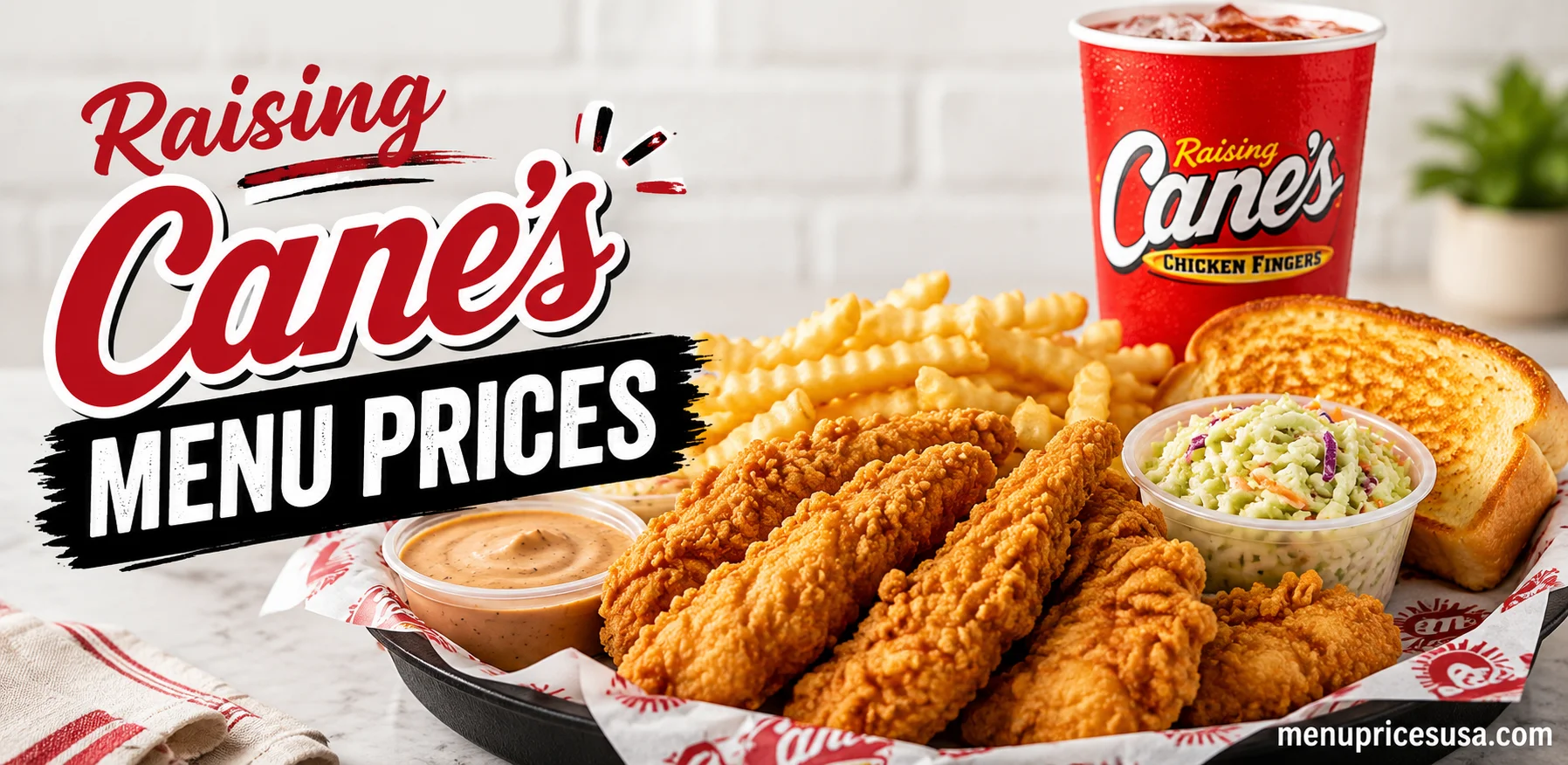 Raising Cane's menu with chicken fingers, crinkle-cut fries, Texas toast, coleslaw and Cane's Sauce