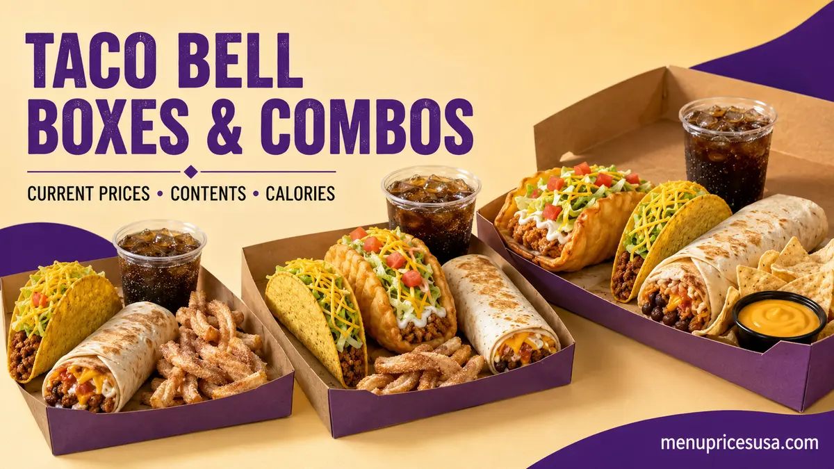 Taco Bell boxes and combos menu with Luxe Boxes, tacos, burritos, sides and drinks