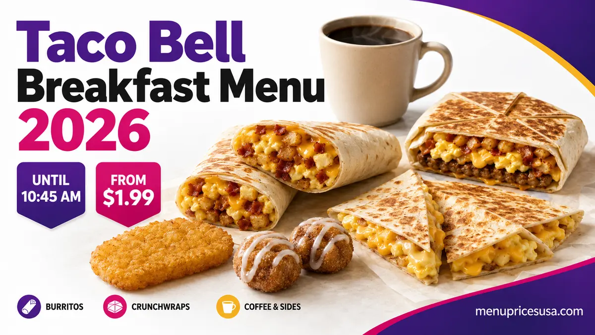 Taco Bell breakfast menu with breakfast burritos, Crunchwrap, hash brown and coffee