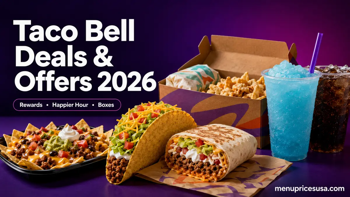 Taco Bell deals and offers guide with taco, burrito, nachos, a value box, Freeze and fountain drink