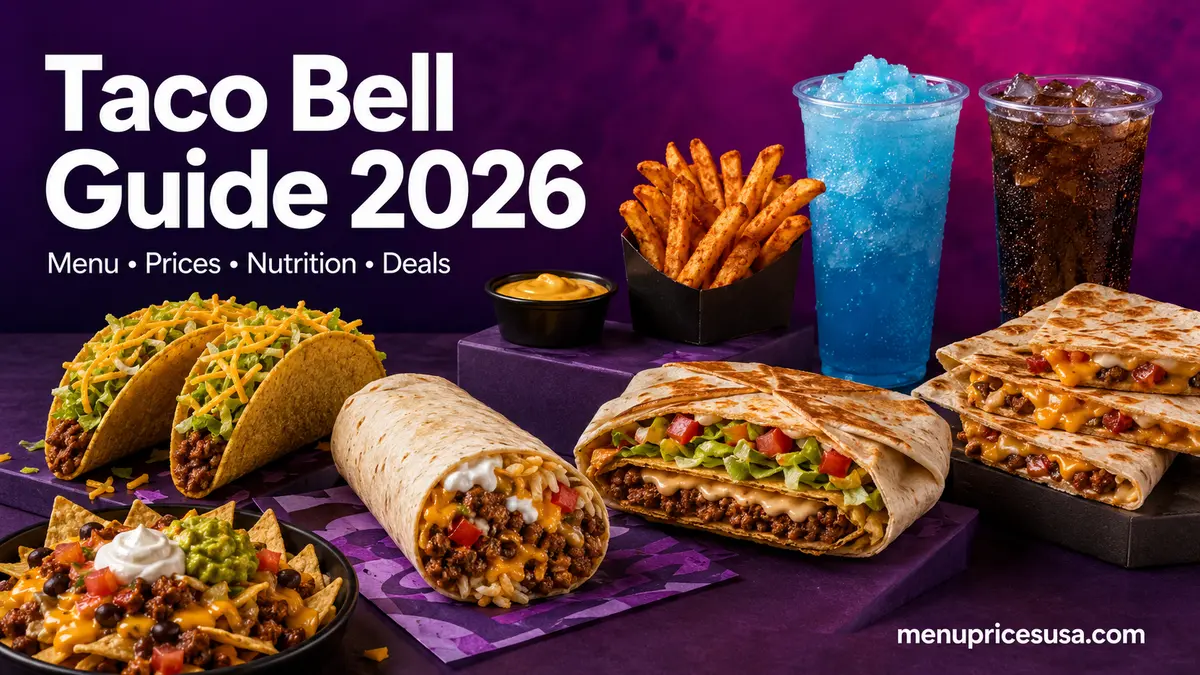 Taco Bell guide featuring tacos, burrito, Crunchwrap-style item, quesadillas, nachos, seasoned fries, Freeze and fountain drink