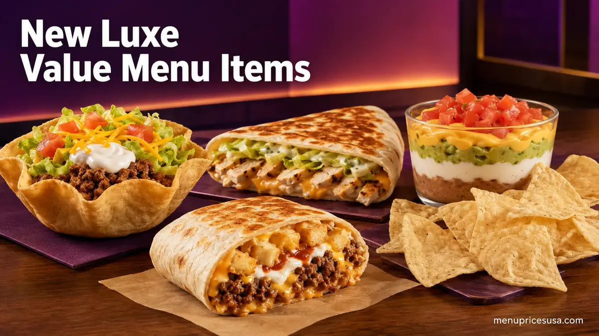 New Luxe Value Menu items including a mini taco salad, grilled chicken stacker, beef and potato burrito, chips and layered dip