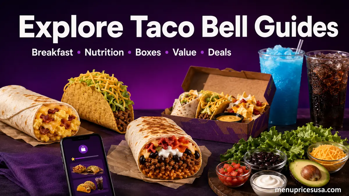 Taco Bell guide categories with breakfast burrito, taco, value burrito, meal box, fresh ingredients, Rewards screen and drinks