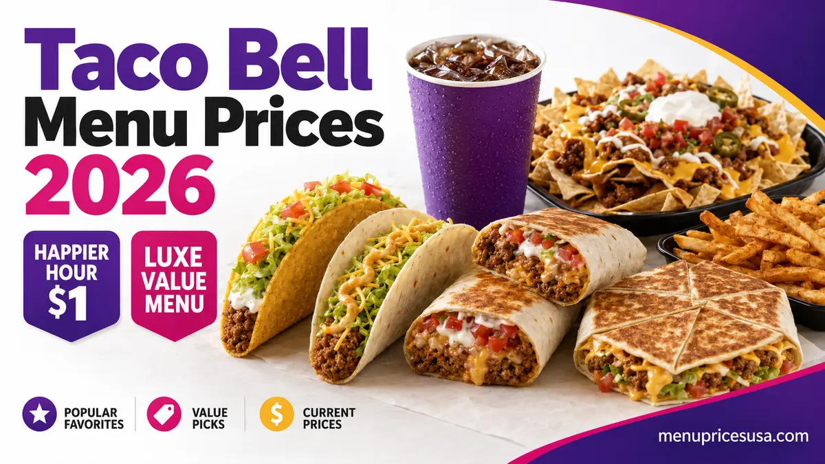 Taco Bell menu prices 2026 with tacos, burritos, nachos and a drink