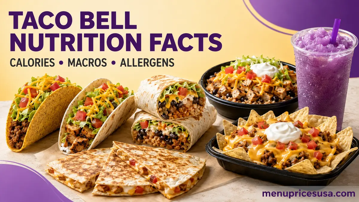Taco Bell nutrition facts guide with tacos, burrito, bowl, nachos and freeze
