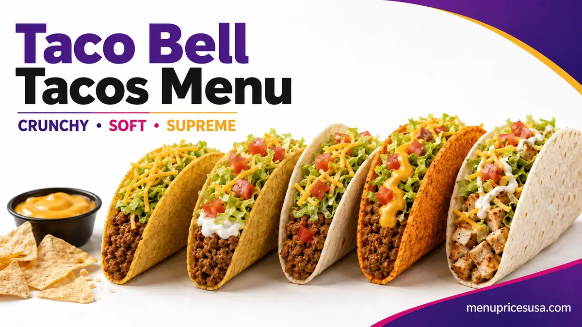 Taco Bell tacos menu featuring crunchy tacos, soft tacos and Doritos Locos Tacos