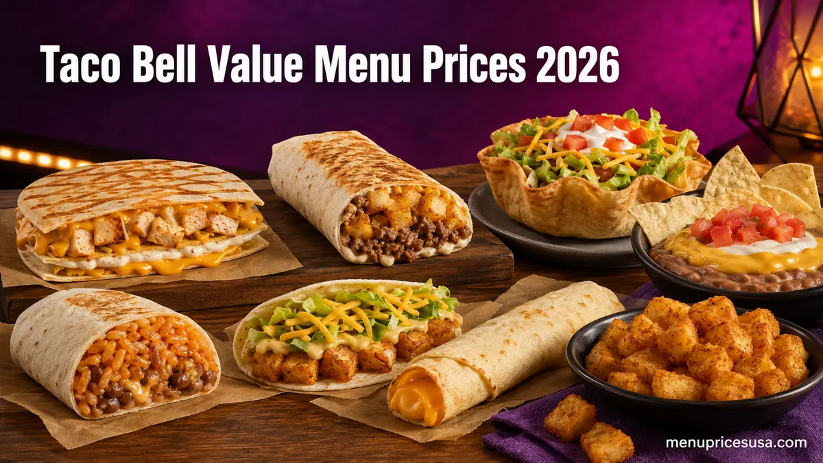 Taco Bell Value Menu items including burritos, taco salad, loaded potatoes, a grilled stacker and nacho dip