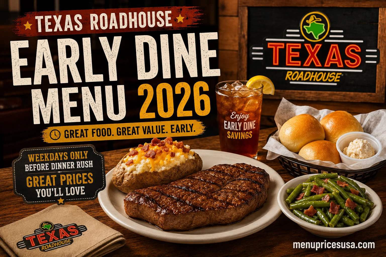 Texas Roadhouse Early Dine value plate with sirloin, chicken and two sides