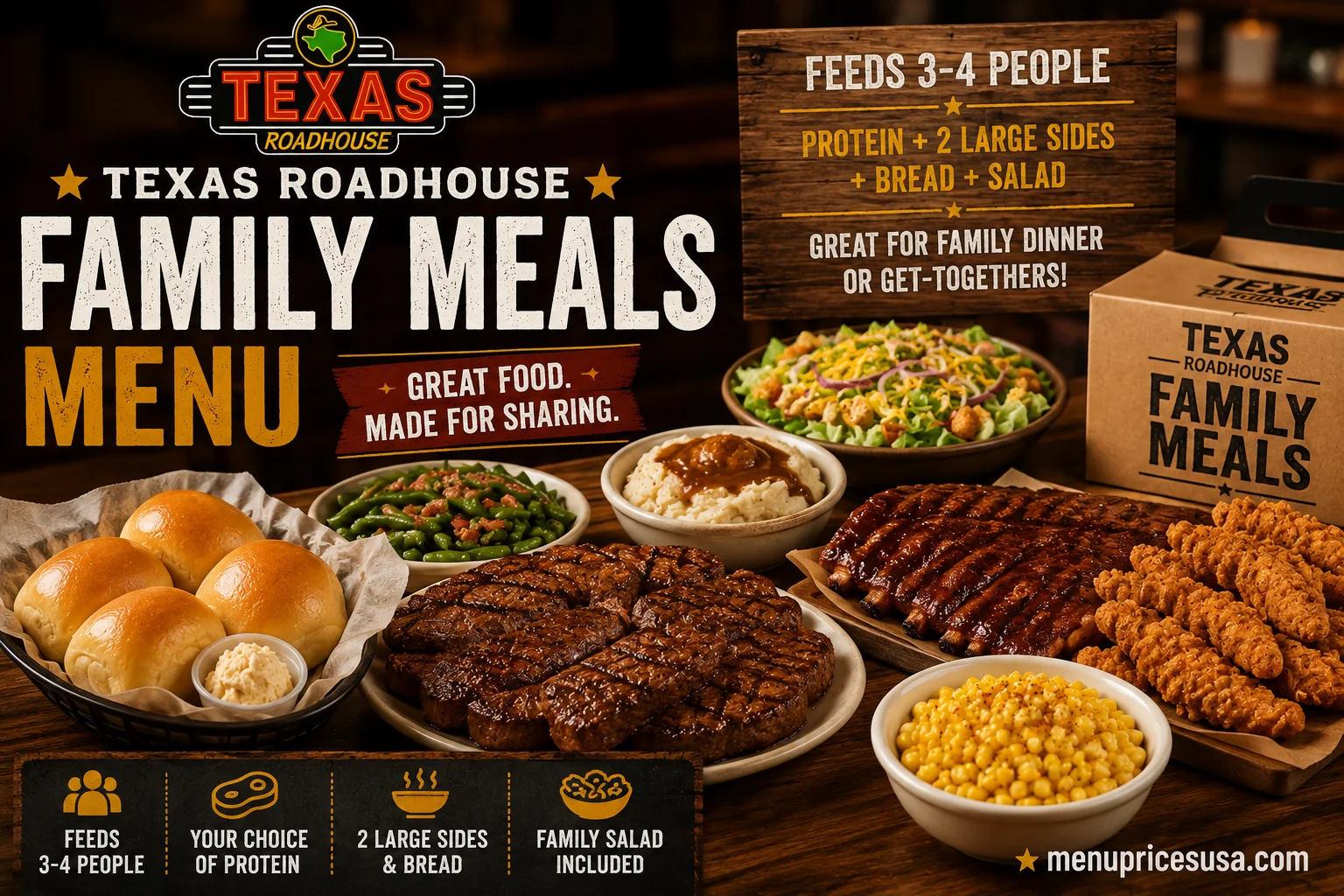 Texas Roadhouse Family Meals pack with ribs, chicken critters, salad and shareable sides